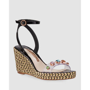 Sophia Webster Patent Leather/PVC Dina Gem Wedge Espadrille Sandals Black US 8